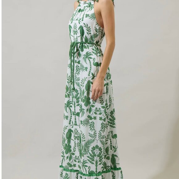 🍃 Tropical Floral Kay Halter Neck Maxi Dress Rope Green & White Size M - Picture 2 of 10